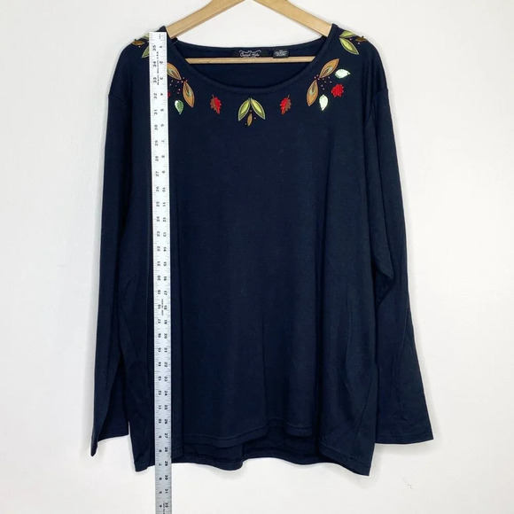 Vintage Crystal Kobe Black Embellished Fall Leaves Tee Long Sleeve Plus Size 2X - Picture 10 of 10